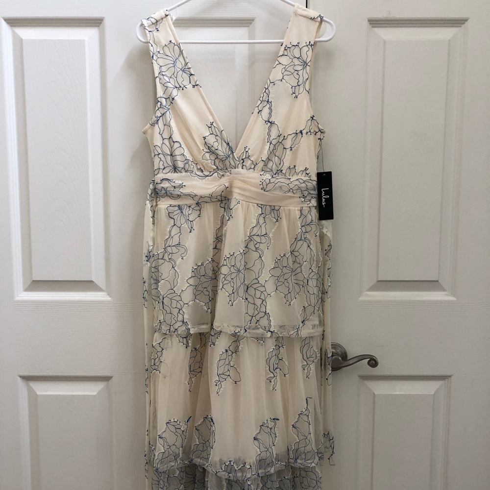 Lulu’s Ivory and Blue Lace Maxi Dress